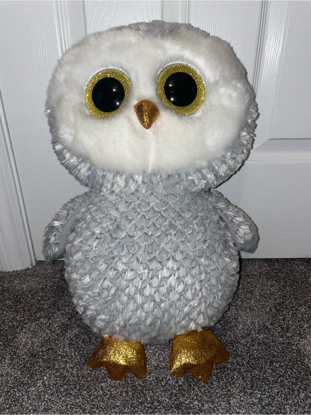 TY Plush Gray and White Owl Stuffed Animal with Gold Accents